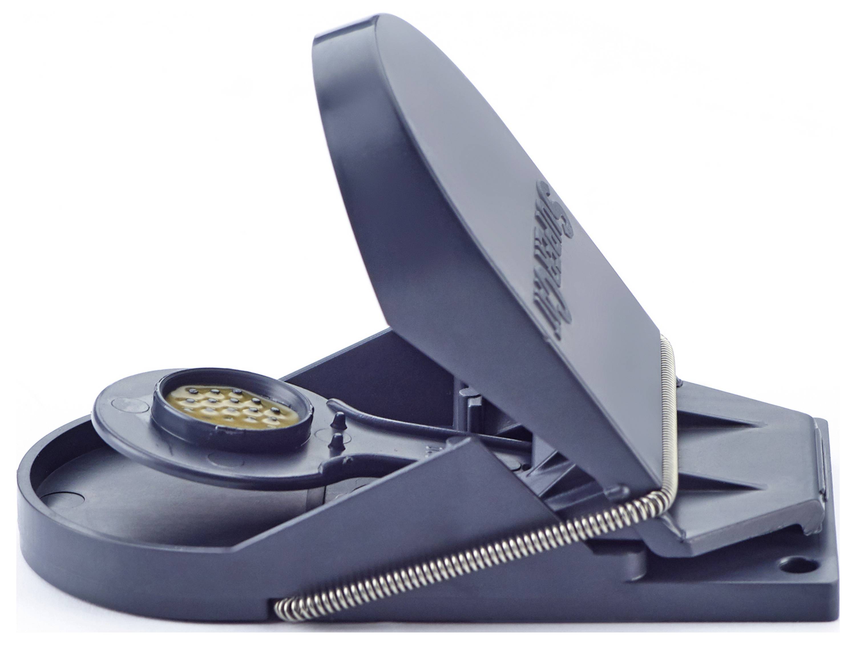 A closed plastic mousetrap with a spring mechanism, ready to catch mice.