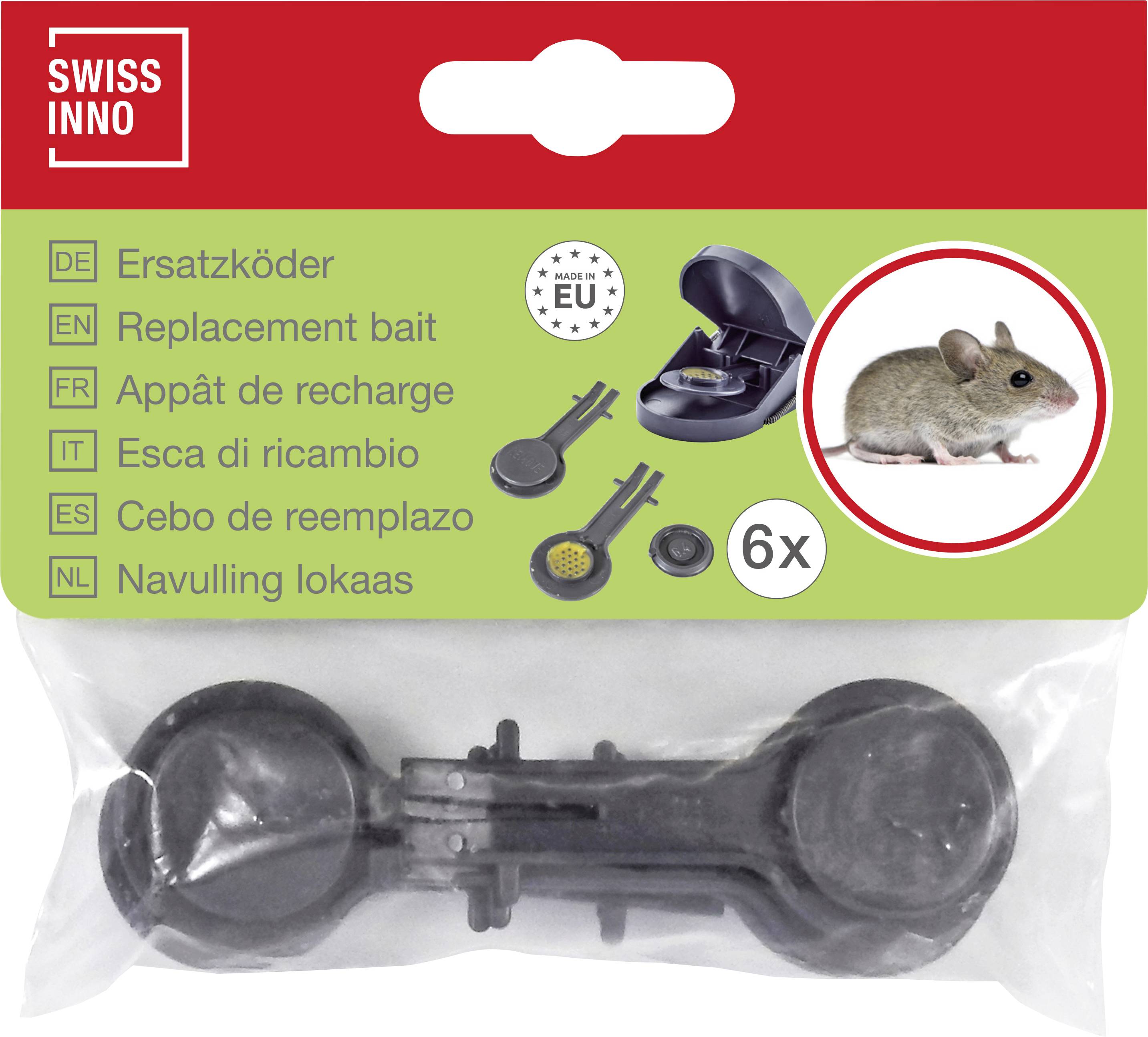 'Replacement bait for mouse trap' package showing a graphic of a mouse and a trap, labeled in six languages, EU eco-label included.
