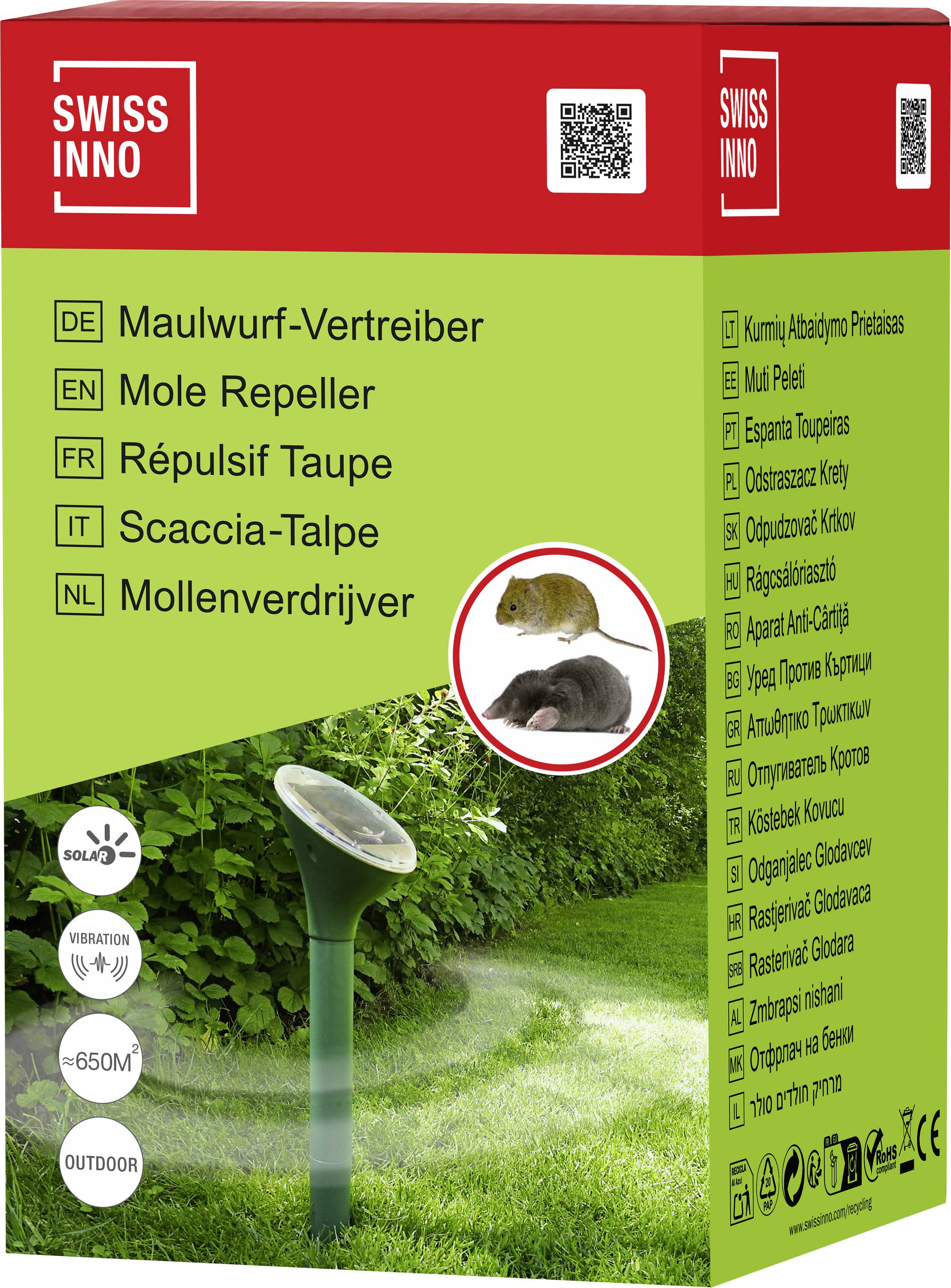 Box of 'Swiss Inno' mole repeller with images of a mole and garden, listing product name in various languages, and features like solar power and a 650m² range.