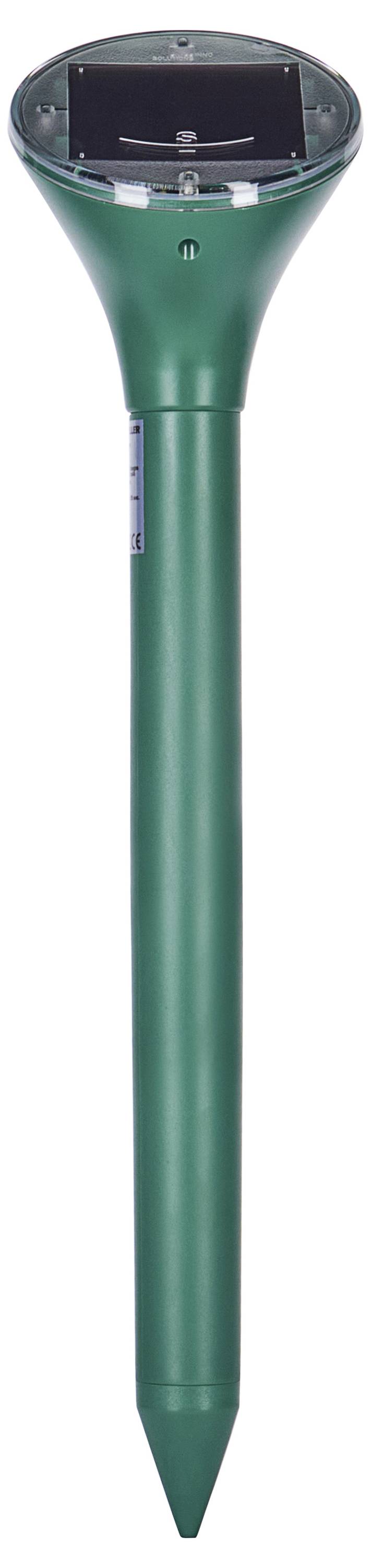 A green solar-powered garden stake light with a pointed end for easy insertion into the ground.