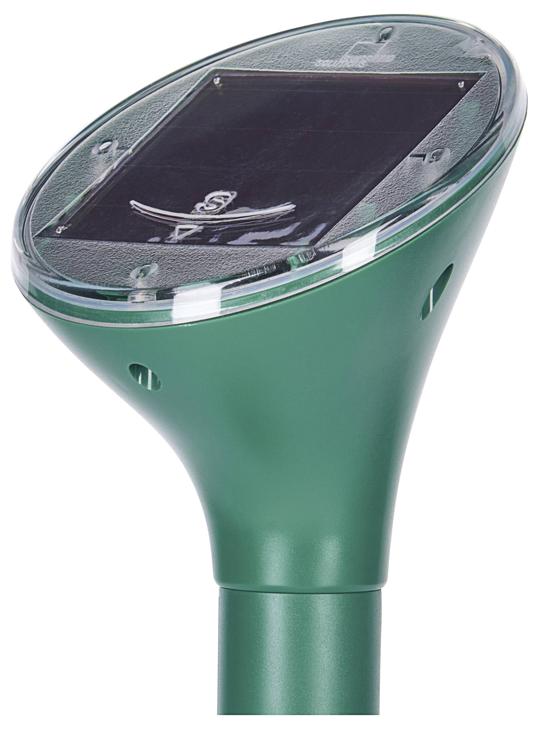 A green, solar-powered device with a transparent top, likely used for outdoor purposes such as repelling animals or insects.