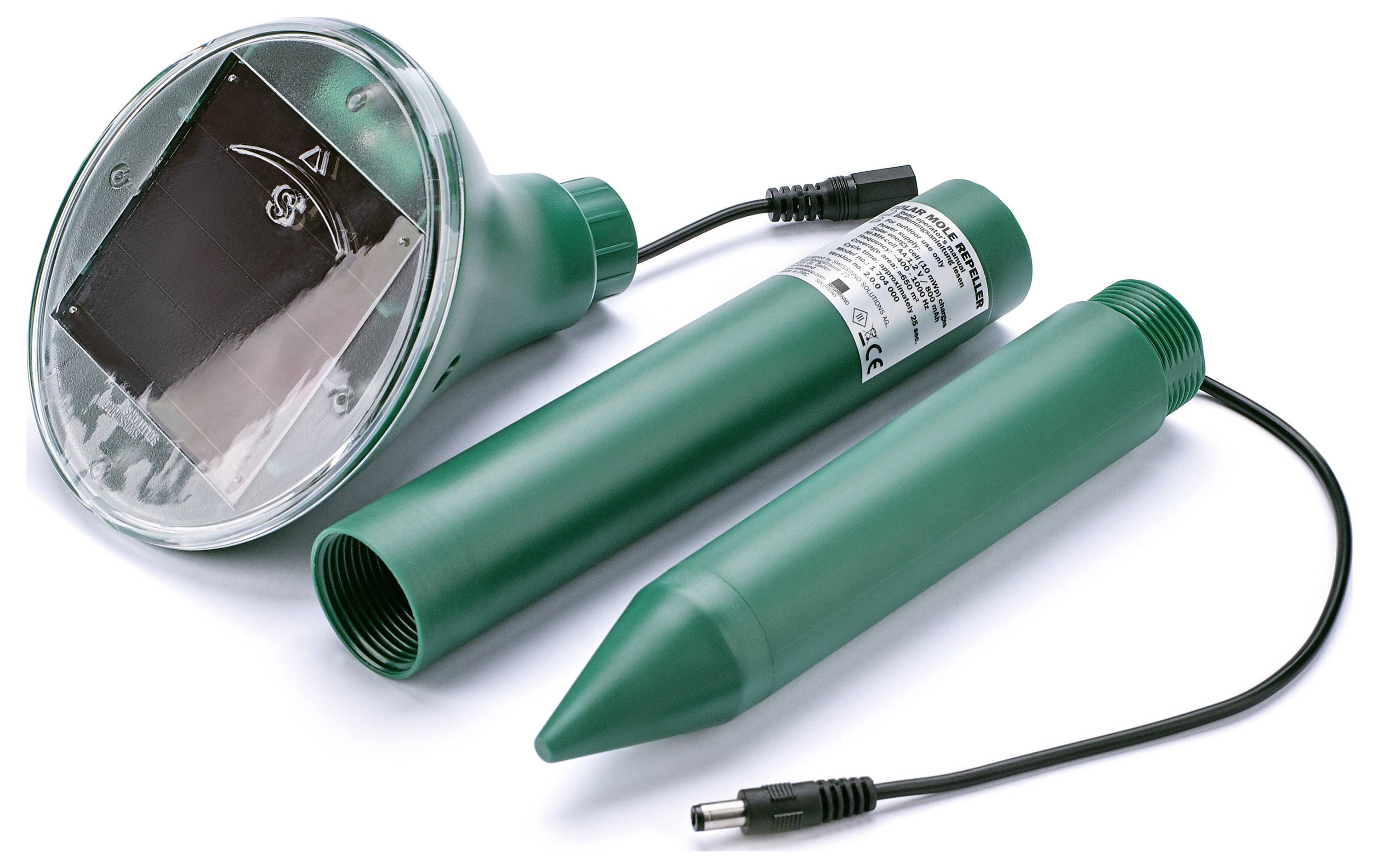 A solar-powered stake with a round solar panel and two detachable green cylindrical components. Used for outdoor activities or devices.