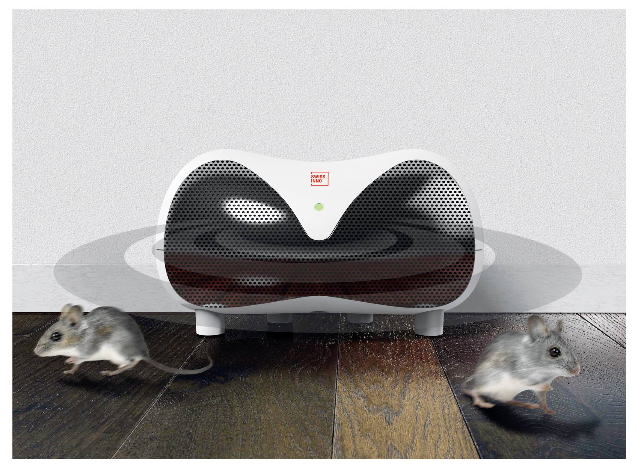 An ultrasonic pest repeller device with two mice running away on wooden flooring. The device emits waves, indicating its functionality.