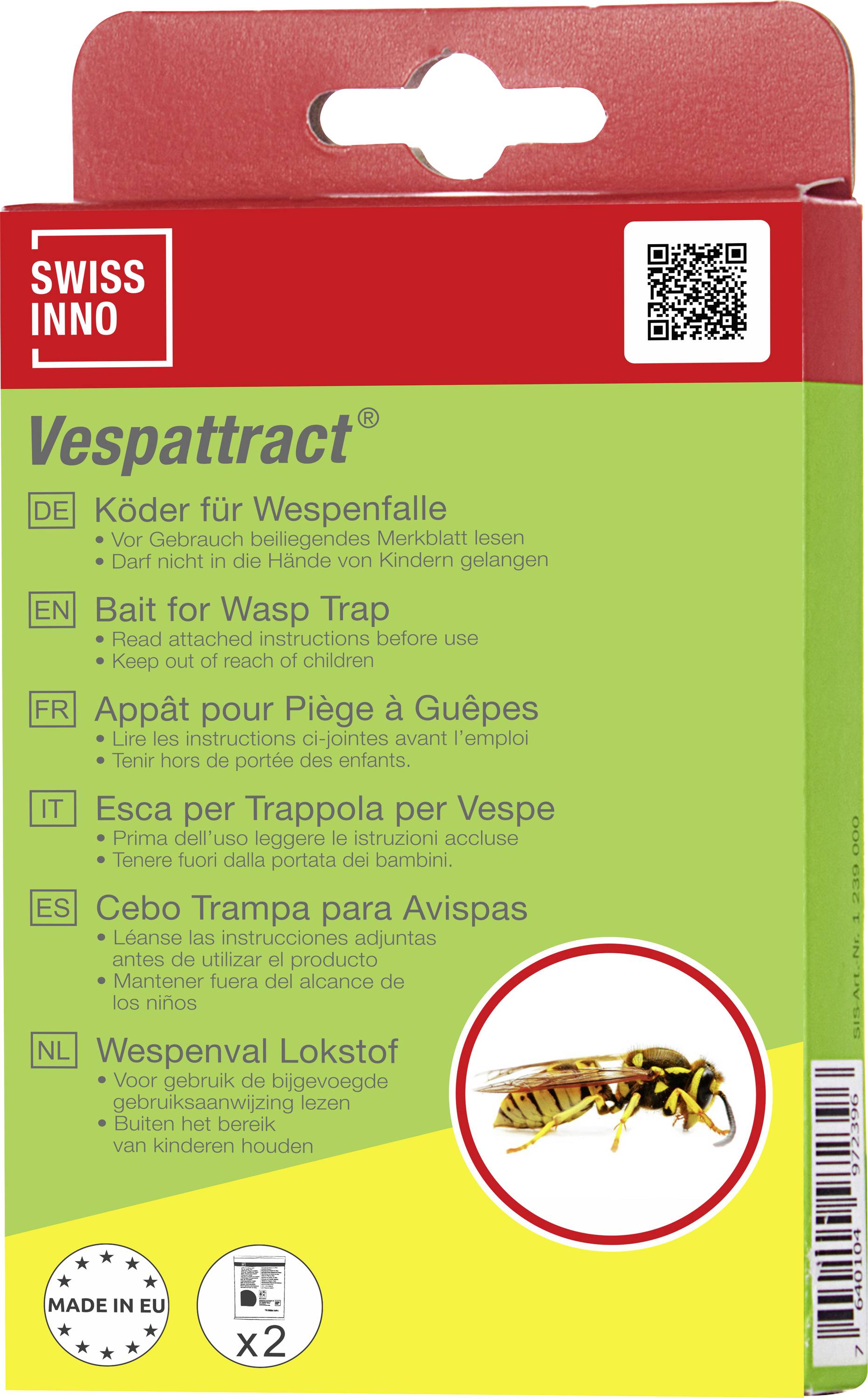 Packaging for 'Vespattract', a wasp trap bait. Text is in multiple languages with instructions and a wasp image. Made in the EU.