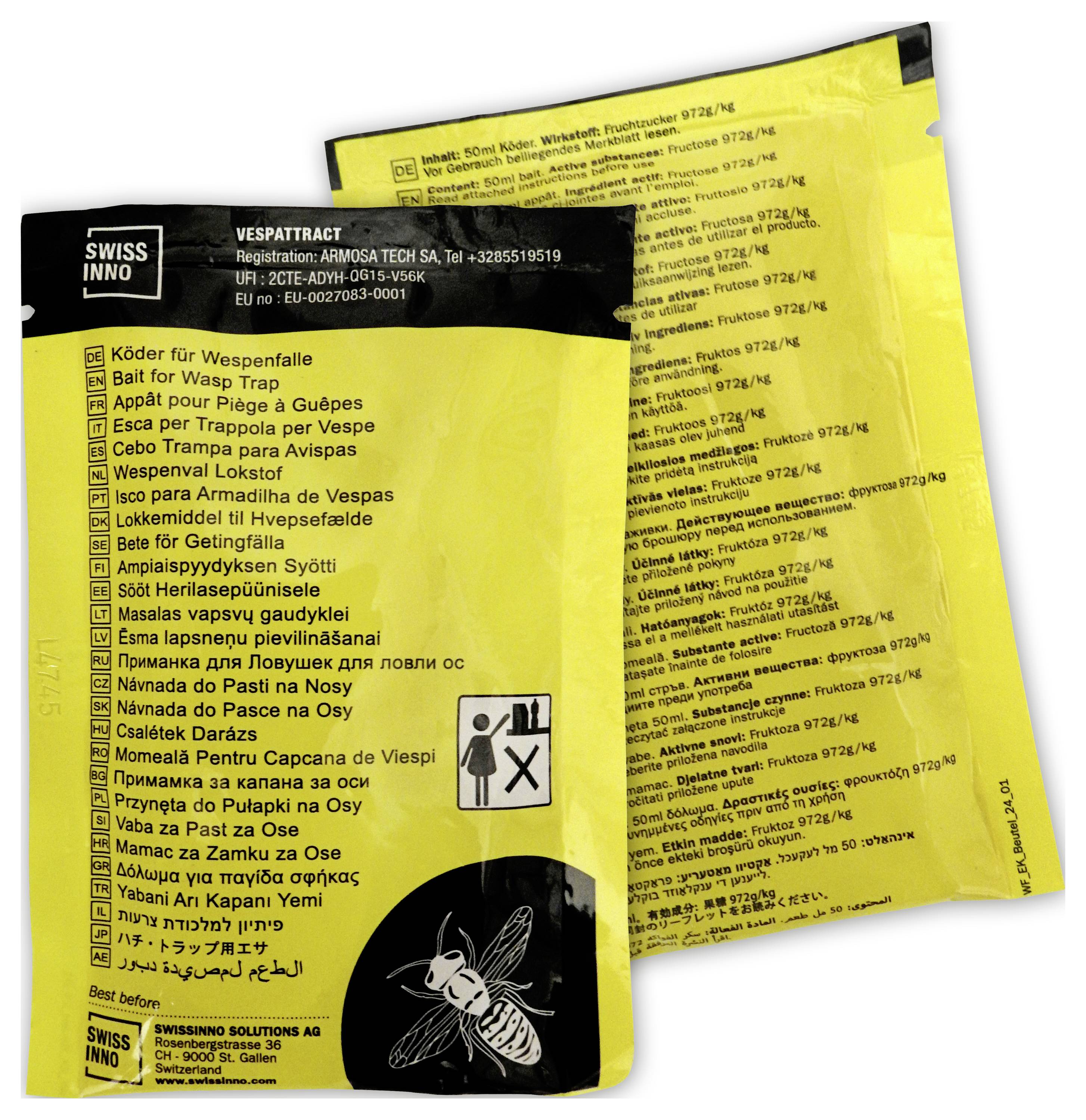 Yellow packaging for SWISS INNO wasp trap with instructions in multiple languages. Includes image of a wasp at the bottom.
