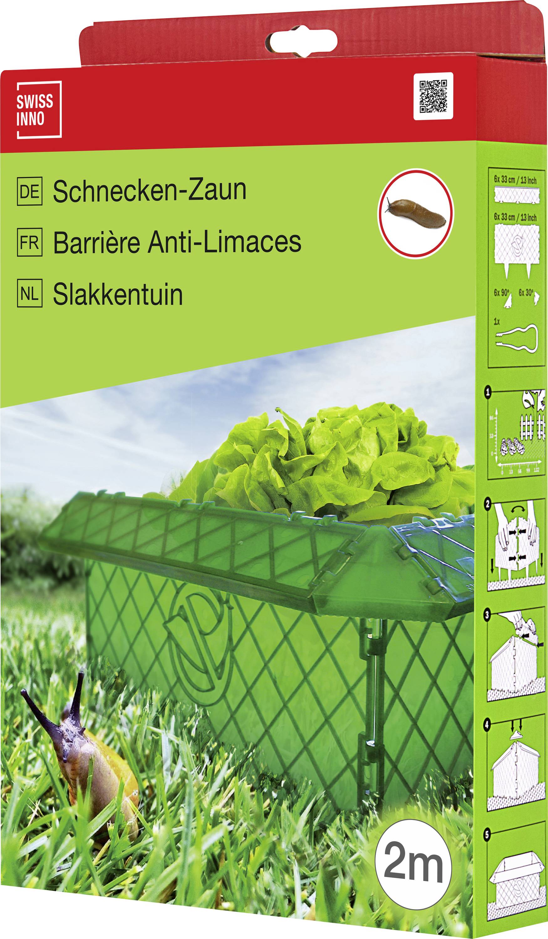 A green snail fence package with images of a snail and lettuce, and instructions in German, French, and Dutch, for 2 meters of barrier.