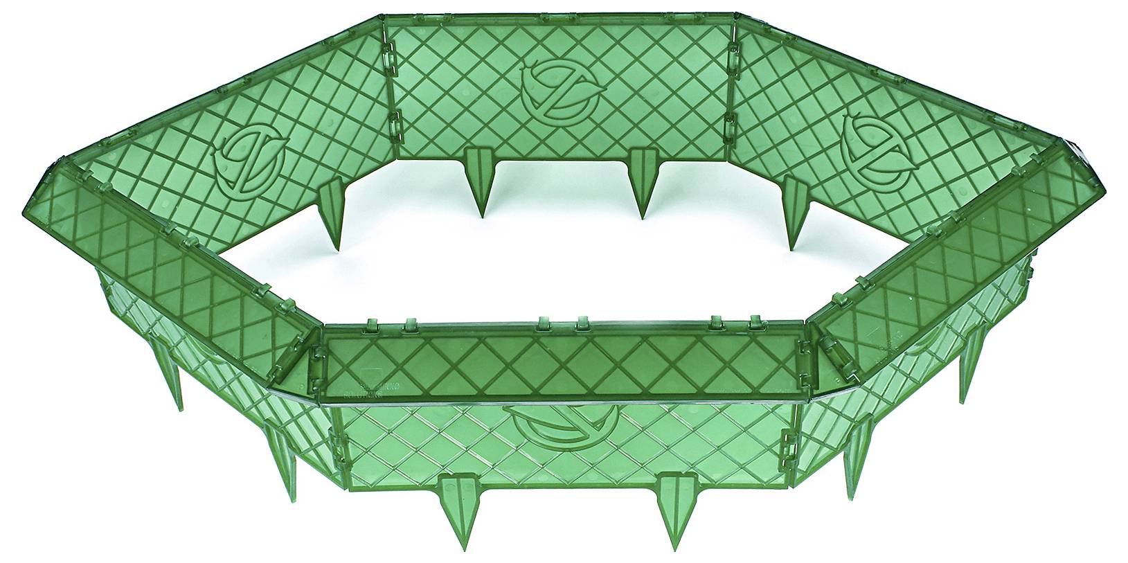 A green, hexagonal plastic frame with textured surfaces and logos on each panel. The frame features pointed spikes along its base.