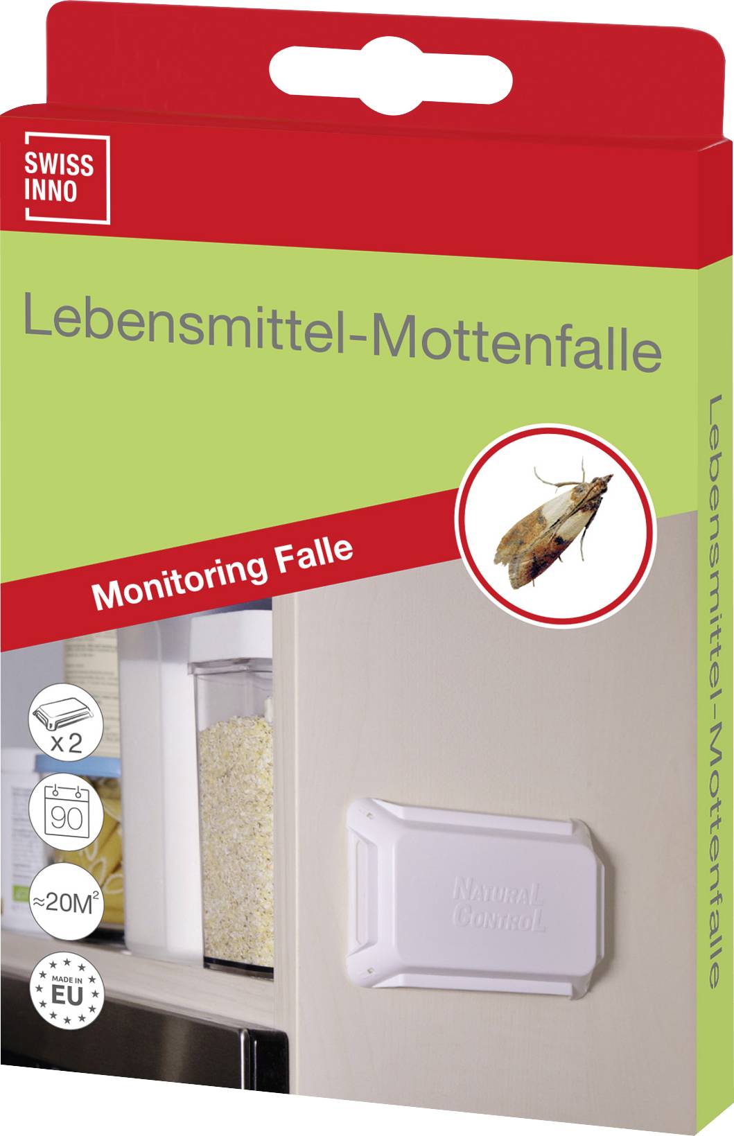 'Lebensmittel-Mottenfalle' packaging showing a cupboard pest trap for food moths with a circular image of a moth. Covers up to 20m².