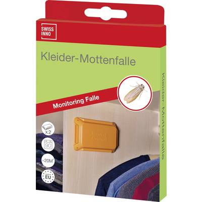 'Moth trap for clothes, Swiss Inno brand, with an image of a moth. Contains two traps, covers up to 20m², EU approved.'