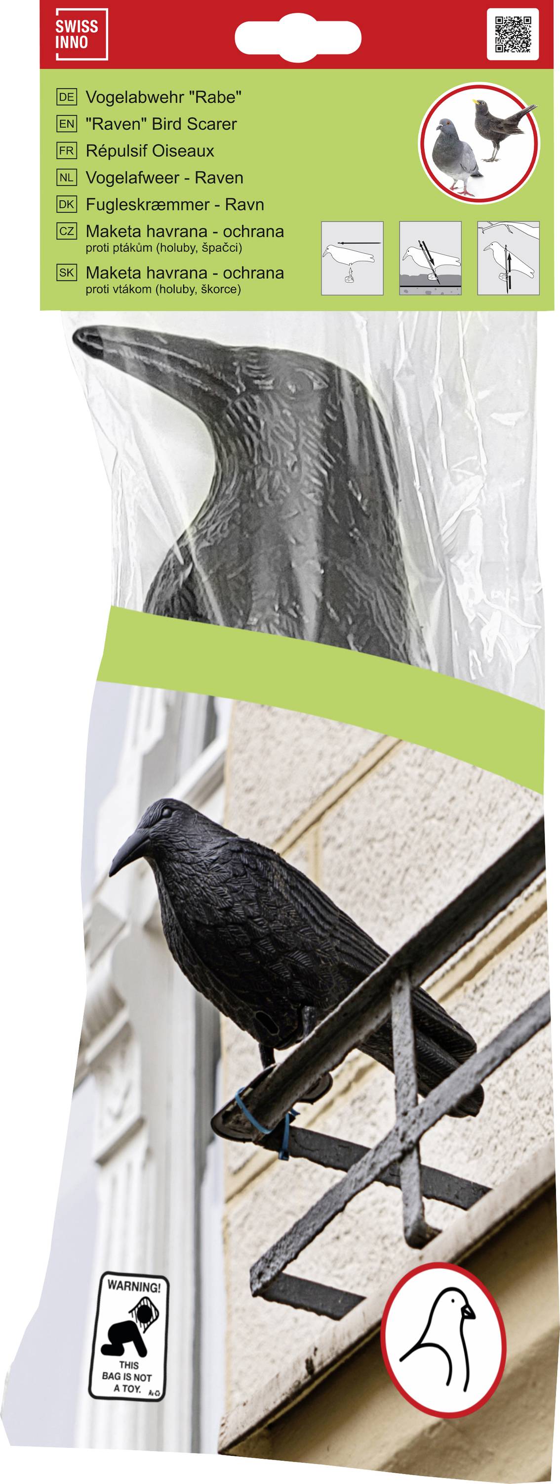 'Raven' bird scarer packaging with an image of a decoy raven perched on a balcony railing.