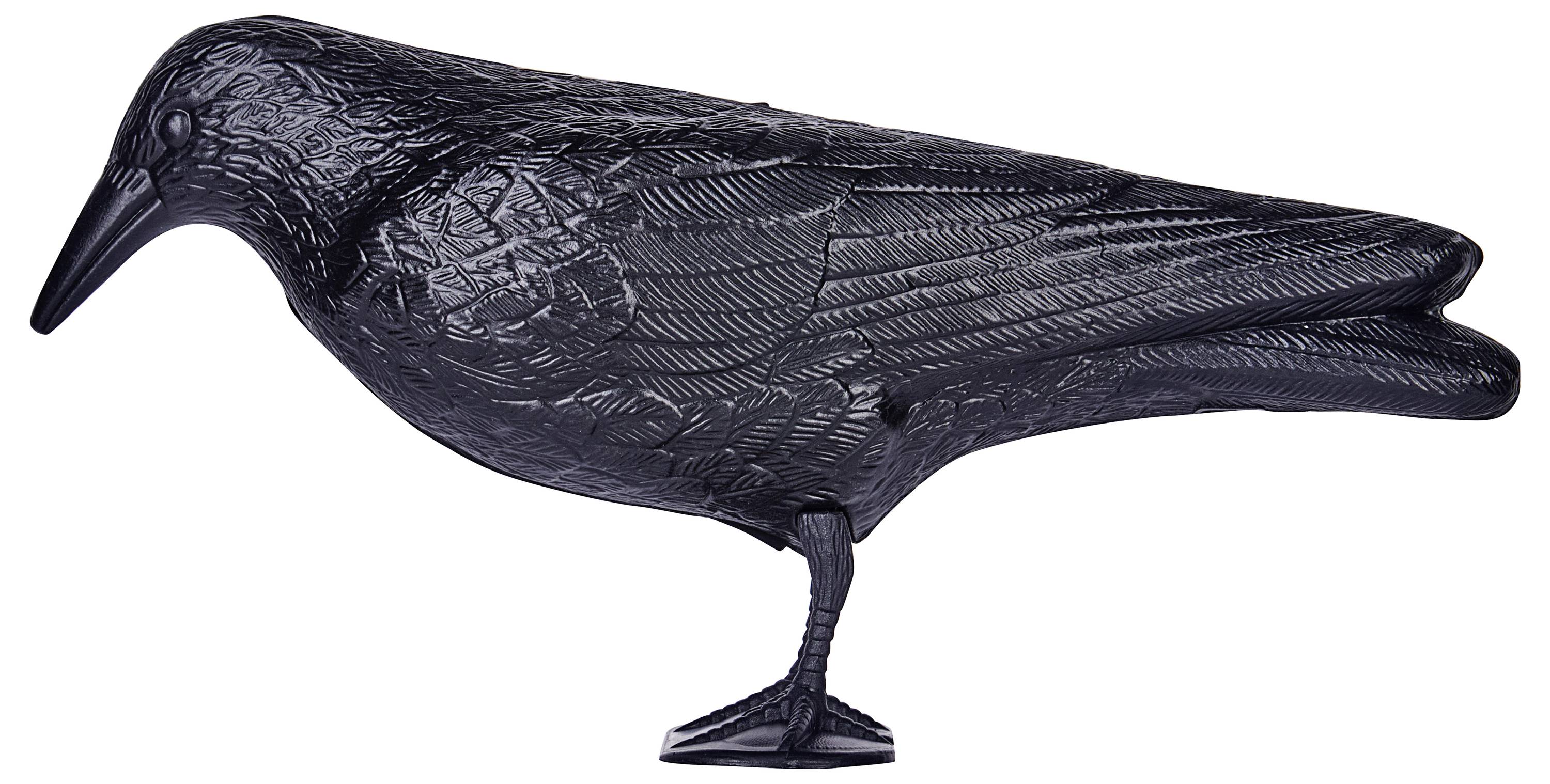A black, lifelike crow decoy with textured feathers, standing on a small base, used for decoration or to deter other birds.