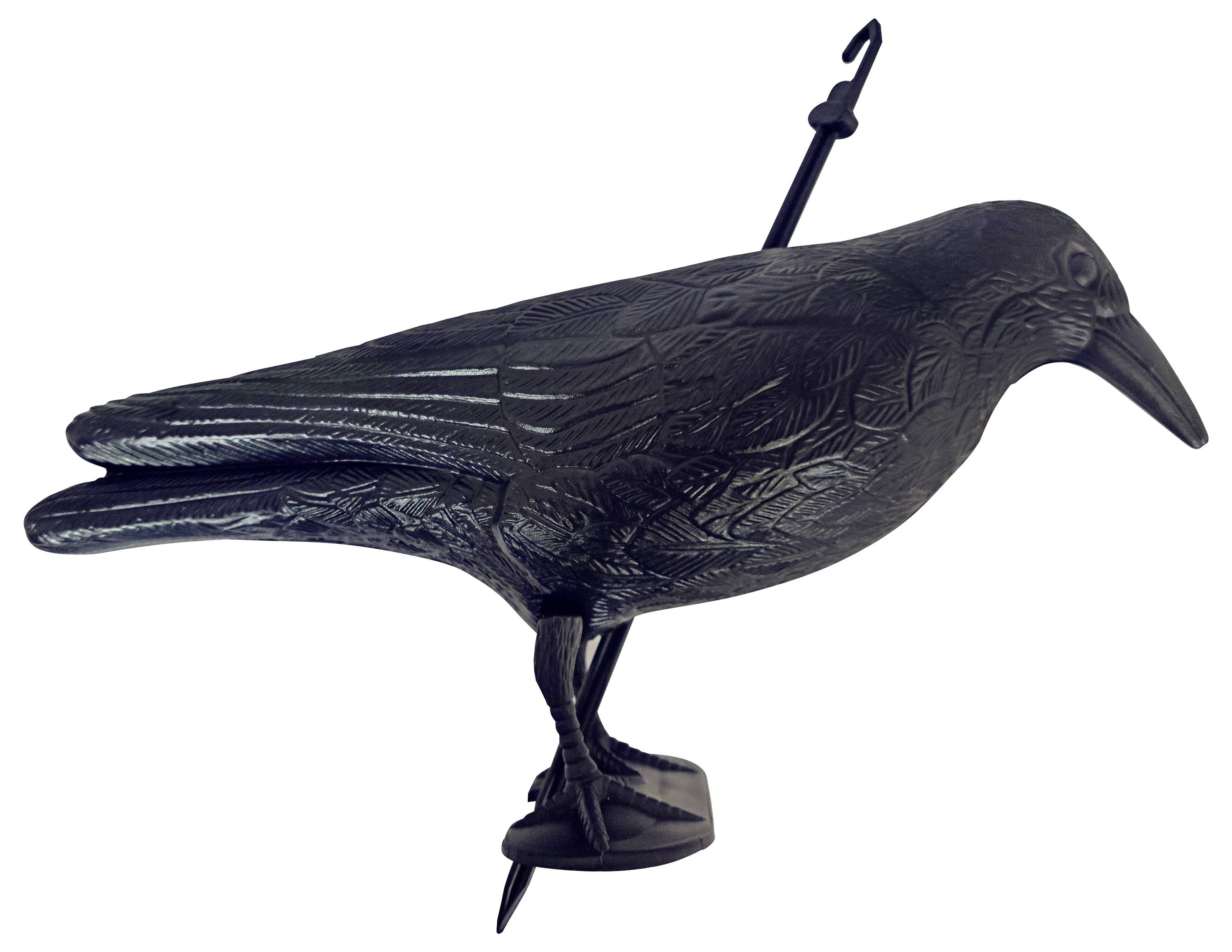 A realistic black crow decoy with detailed feather texture stands on a detachable base and comes with a stake for mounting.