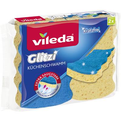 Vileda Glitzi kitchen sponge pack with 2 sponges, labeled 'kratzfrei' and 'extra saugstark', shown in blue and beige packaging.