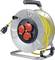 'Extension cable reel with yellow cable and three red sockets, mounted on a silver metal frame with black handle.'