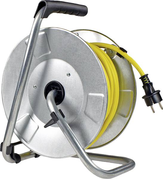 A metal cable drum with a yellow cable and black plug. It stands on a grey frame with a black handle.