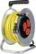 Metal hose reel with yellow cable, black handle and three red sockets. Suitable for outdoor use.