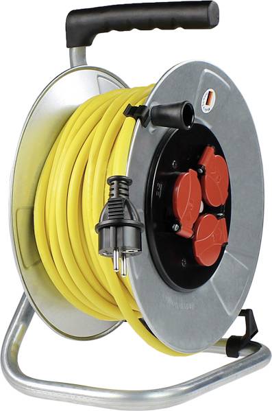 Yellow cable reel with a black handle, two red sockets and a coiled yellow cable, mounted on a sturdy metal frame.