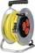 Yellow cable reel with a black handle, two red sockets and a coiled yellow cable, mounted on a sturdy metal frame.