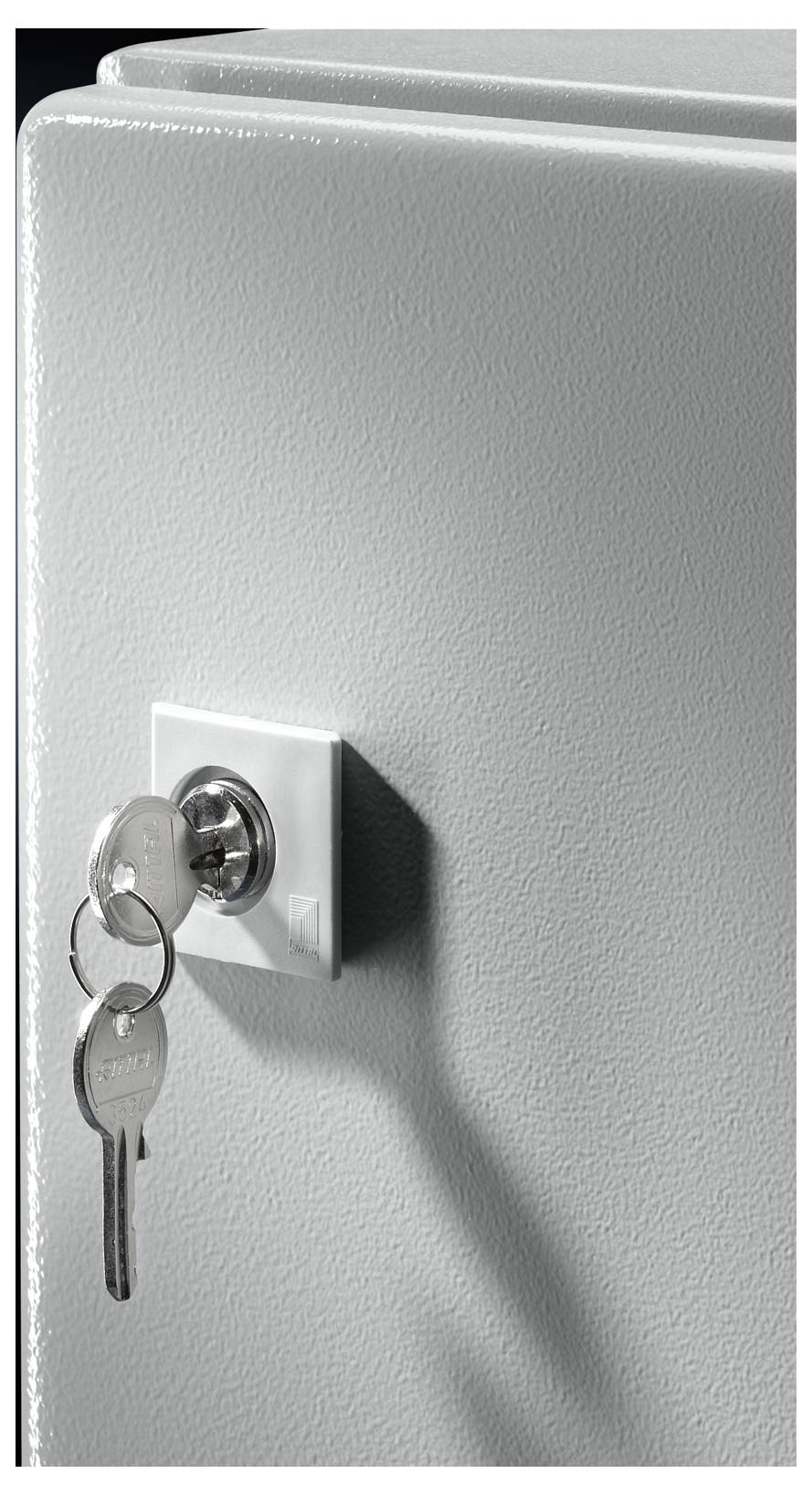 A padlock with a key inserted in a metal cabinet. The keyring contains two keys hanging from the lock.