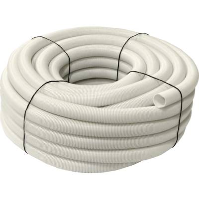 A large roll of white corrugated pipe, secured with a black band, ideal for installation or construction work.