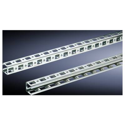 Two elongated, galvanised metal profiles with holes, depicted in perspective against a dark background. Suitable for installation work.