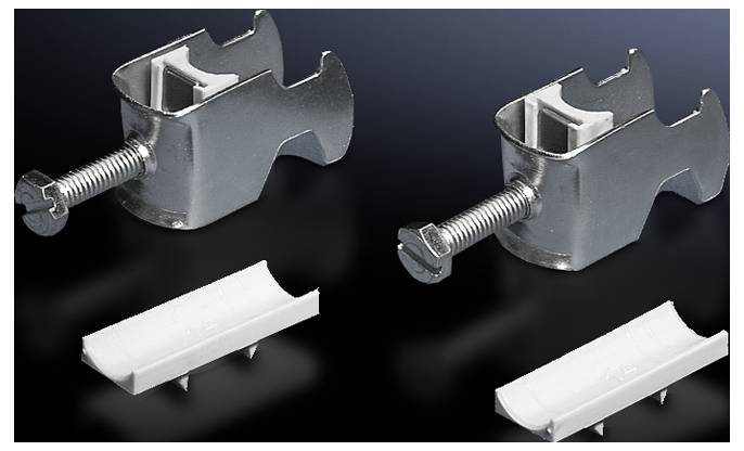 Two metal clamp connectors with screws and two white plastic covers underneath. Suitable for cable or pipe fastenings.