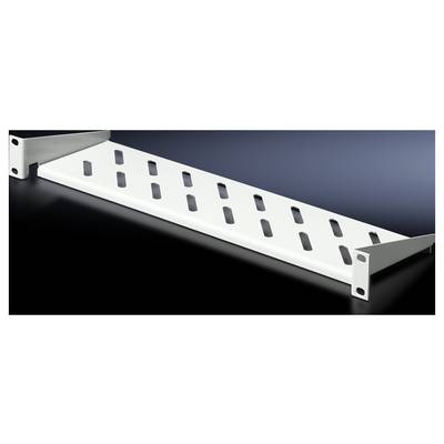 A white, rectangular metal shelving unit with multiple slots, mounted on black wall brackets against a dark background.