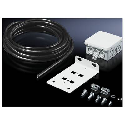 Cable set consisting of a long black cable, a white socket, a mounting bracket, and screws on a black background.