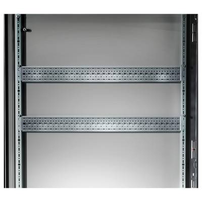 An empty metal shelving frame with multiple compartments, viewed from the front. The background is grey.