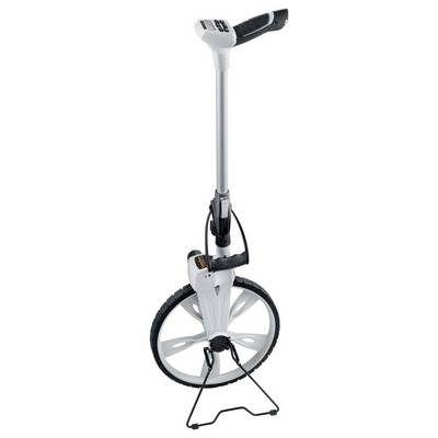 A digital measuring wheel with a handle and display, used for measuring distances.