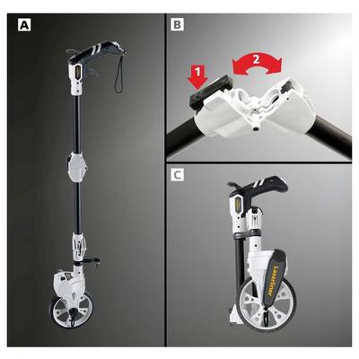 A collapsible measuring wheel in three stages: A shows it fully extended, B highlights the folding mechanism, C shows it compacted for storage.
