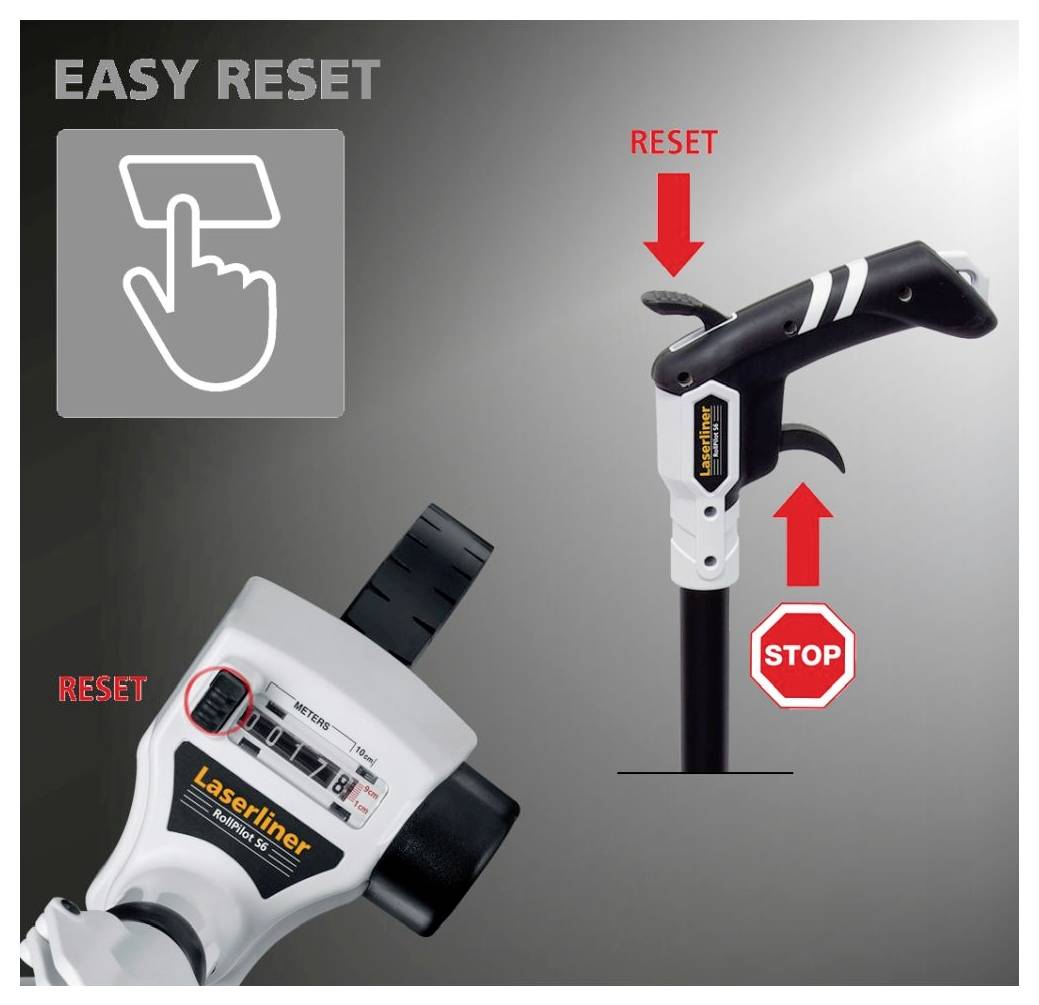 'Easy Reset' feature displayed on a tool with close-up of reset button highlighted. Red arrows and 'STOP' sign indicate reset action.