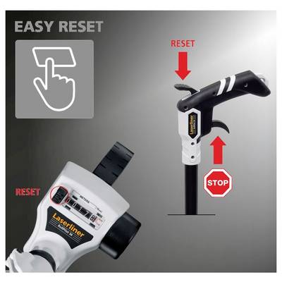 'Easy Reset' feature displayed on a tool with close-up of reset button highlighted. Red arrows and 'STOP' sign indicate reset action.