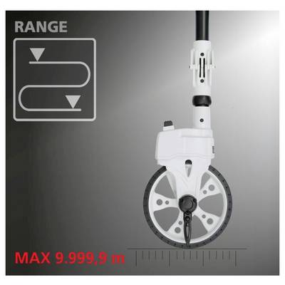 'Range: MAX 9.999,9 m' shown next to a close-up of a measuring wheel with a digital display and markings indicating distance.