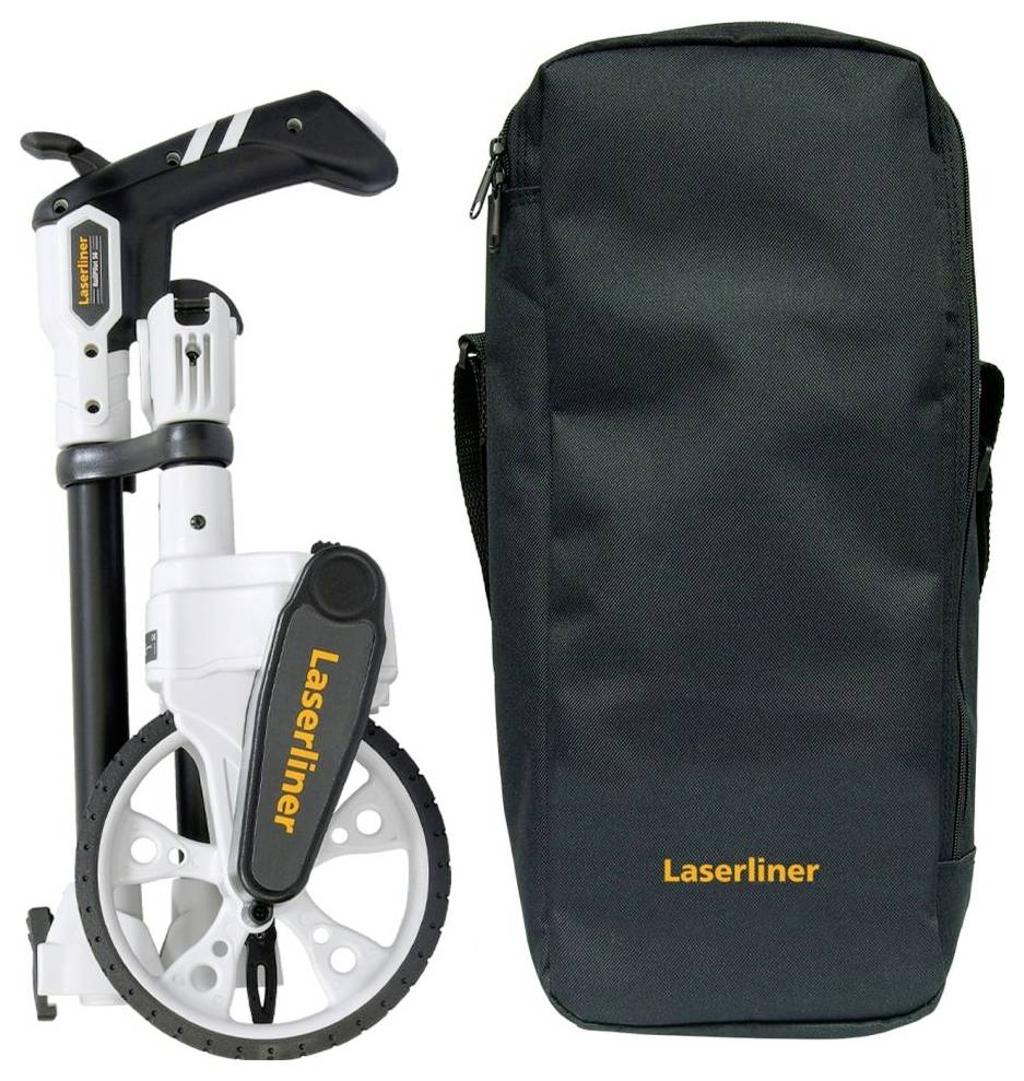 A foldable measuring wheel and black carrying bag, both labeled 'Laserliner', used for distance measurement tasks.