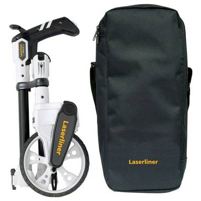 A foldable measuring wheel and black carrying bag, both labeled 'Laserliner', used for distance measurement tasks.