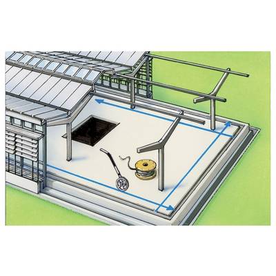 A diagram shows a rooftop area with three metal support poles and a reel of cable. Blue arrows indicate measurements of the space.