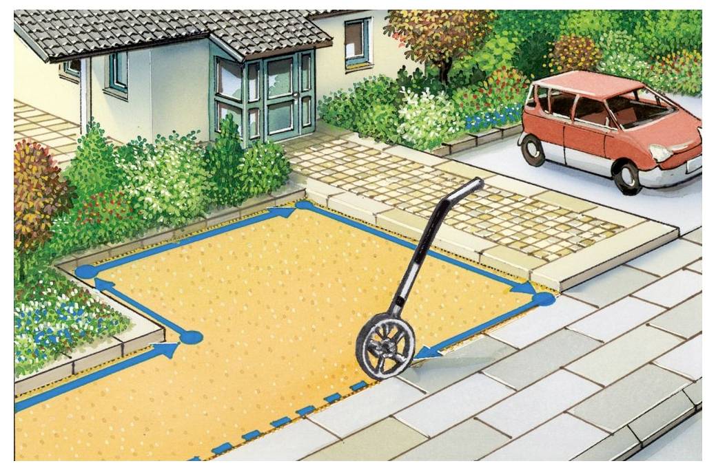 A house with a paved driveway, a car parked nearby, and a wheelbarrow in a square area marked with blue arrows indicating dimensions.