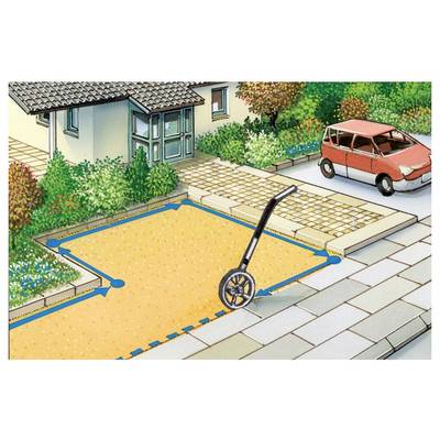 A house with a paved driveway, a car parked nearby, and a wheelbarrow in a square area marked with blue arrows indicating dimensions.
