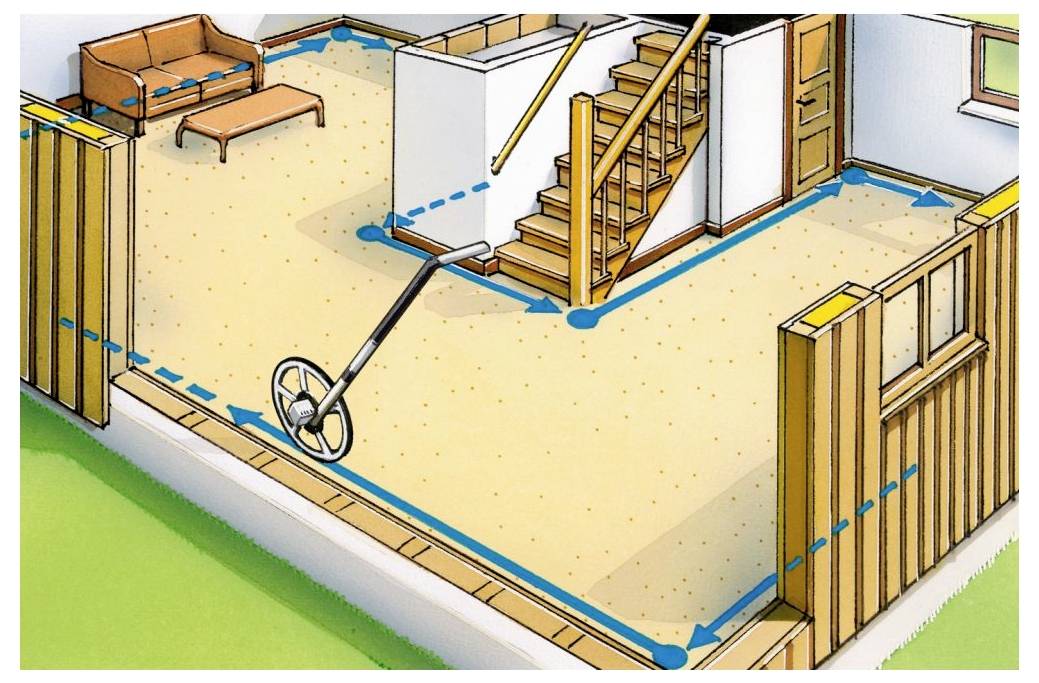 'Interior room corner' with a brown carpet, stairs leading up, a couch, and dotted lines tracing the perimeter and doorways.