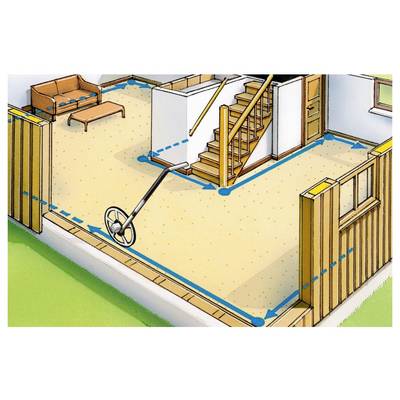 'Interior room corner' with a brown carpet, stairs leading up, a couch, and dotted lines tracing the perimeter and doorways.