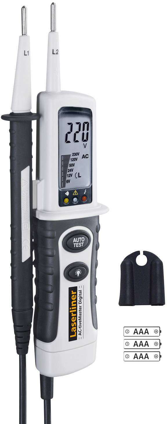 Voltage tester with digital display shows '220 V AC'. Includes probes with protective cap and AAA batteries.