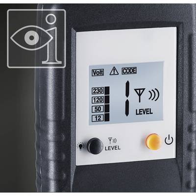 Digital display shows 'Volt 230 120 50 12', 'CODE', symbol with aerial and '1 LEVEL'. Orange button beside it.