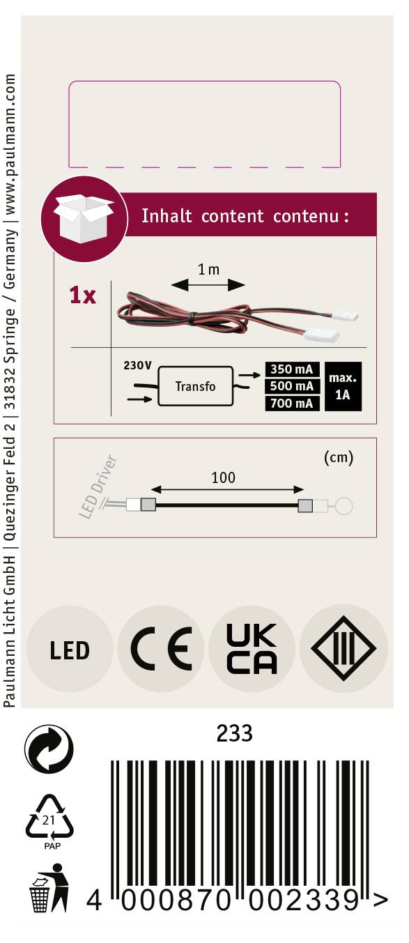 Packaging label for an electrical cable. Shows a cable with transformer, 'Contents: 1 Metre'. Symbols for LED, CE, UKCA, Waste Bin.