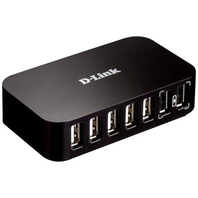 A black D-Link USB hub with seven ports, used for expanding USB connectivity for multiple devices simultaneously.