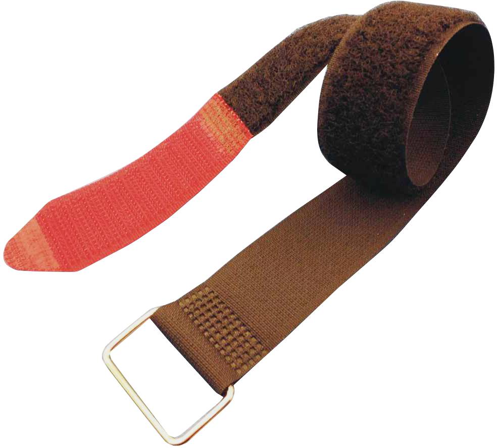 Brown hook and loop strap with metal buckle and red end, suitable for securing cables or items.