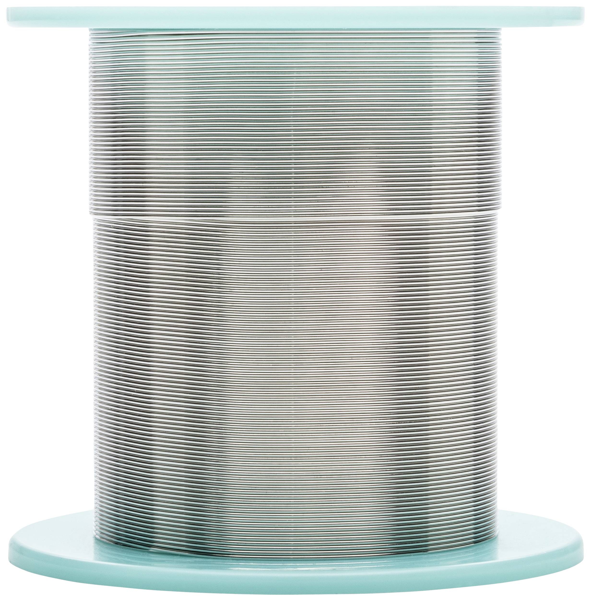 A large coil of thin, silvery wire wound around a turquoise plastic core.