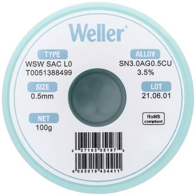 Weller WSW SAC L0 Solder, lead-free Reel Sn3,0Ag0,5Cu  100 g 0.5 mm