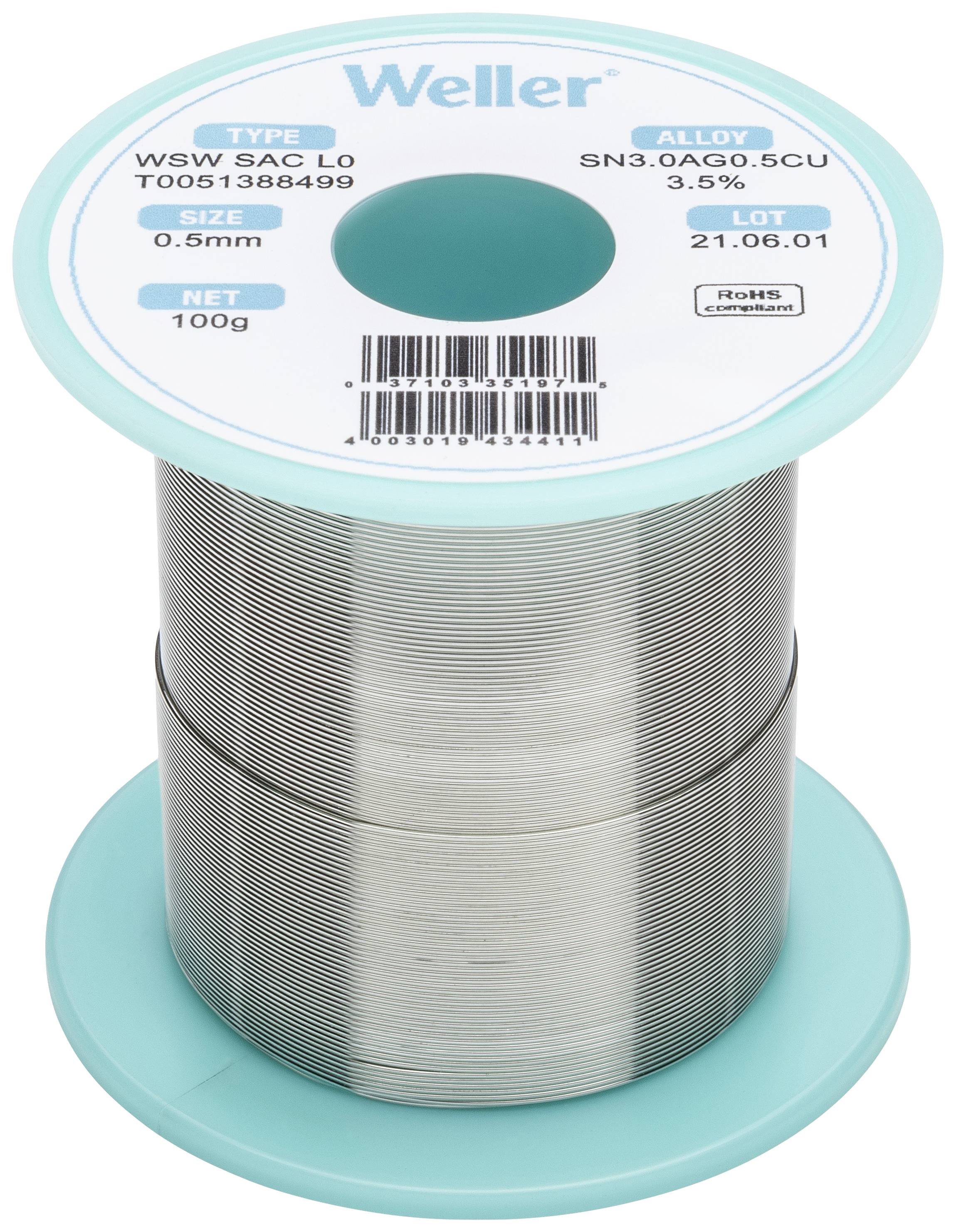 Weller soldering tin reel, type WSW SAC L0, alloy SN3.0AG0.5CU, size 0.5mm, weight 100g, batch number 21.05.01.