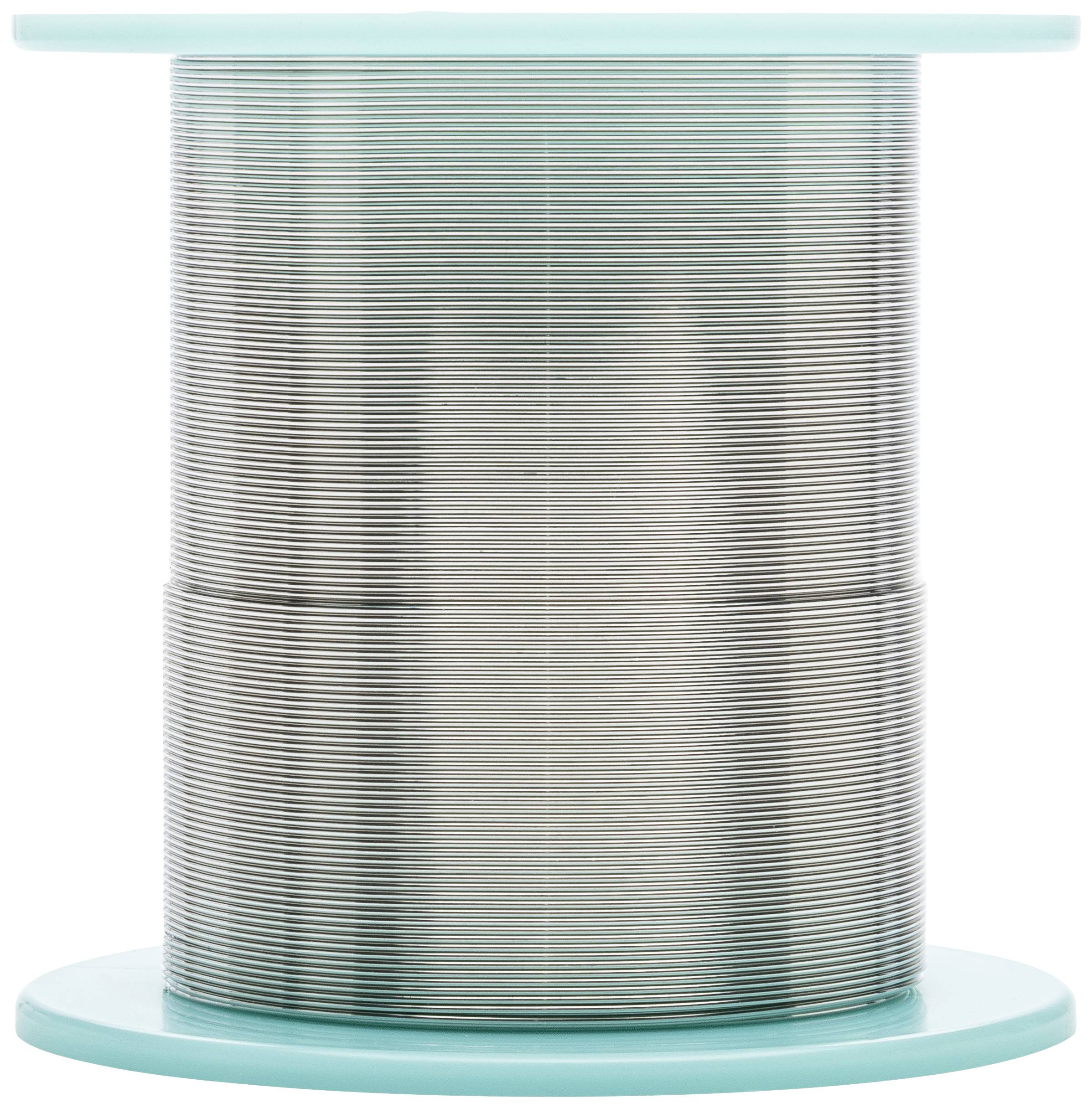 Large reel with silver-gleaming wire, vertically positioned. Wire is tightly and evenly wound around the reel.